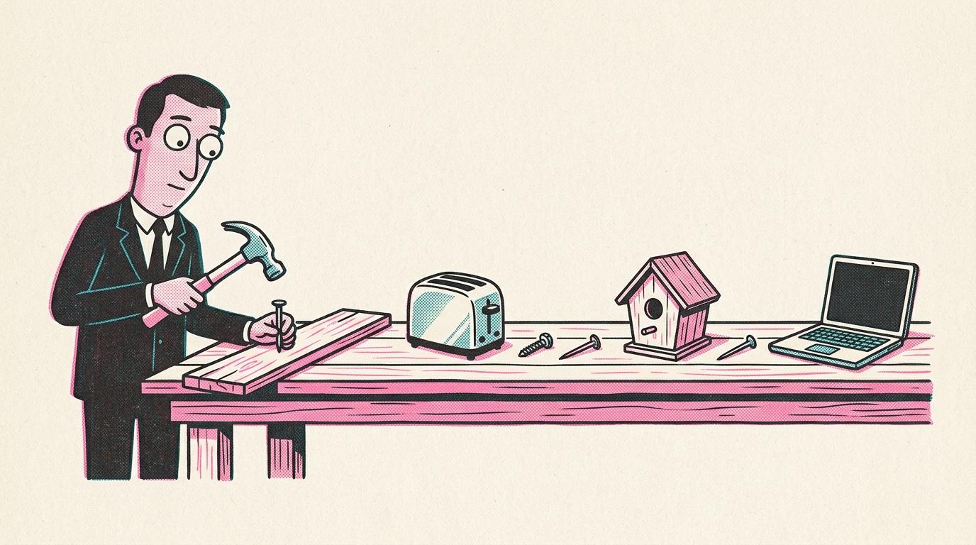 Risograph cartoon of the man in the dark suit from the scooter picture, bareheaded, calmly hammering a nail into a plank. On the bench beside him sit a toaster, a screw, a nail, a birdhouse, another nail and a laptop.