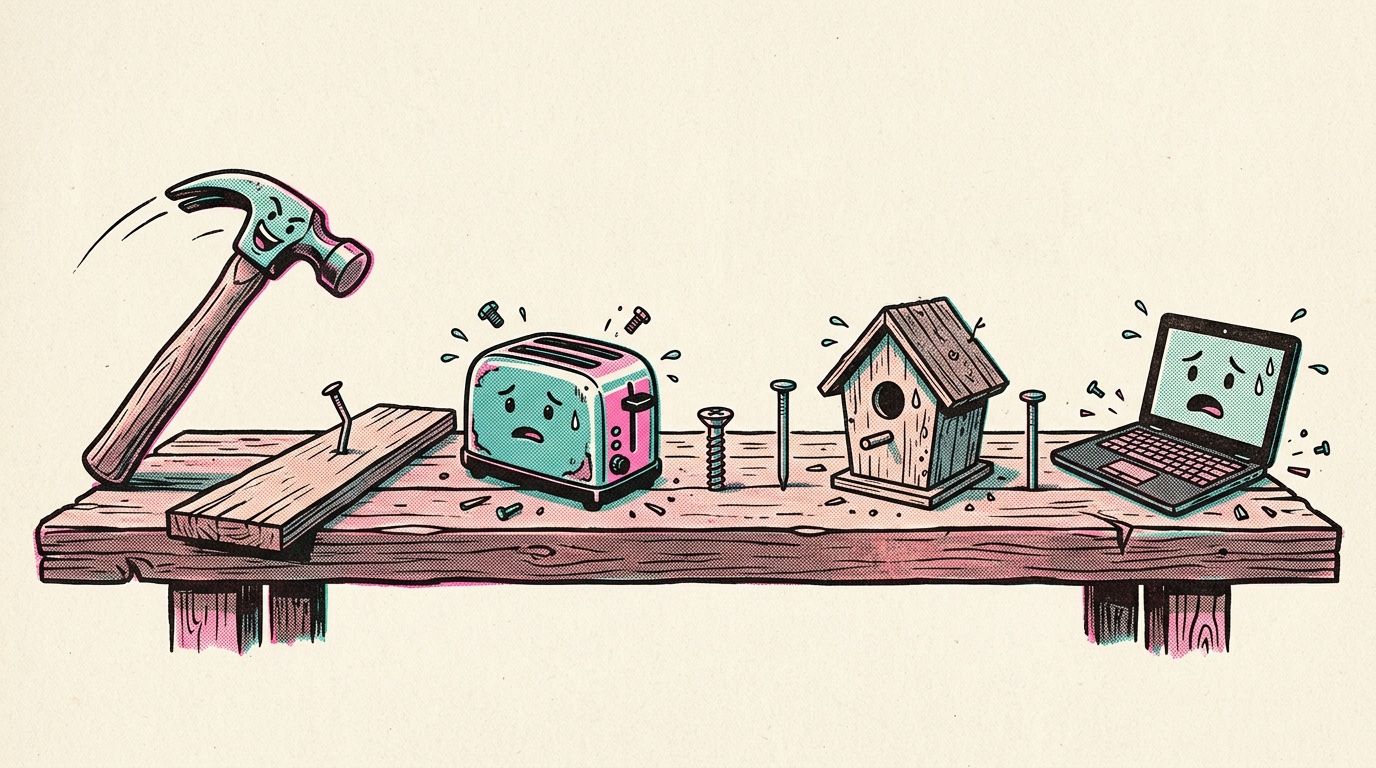 Risograph cartoon of a workbench. An eager hammer swings toward a plank with a nail in it, while a toaster, a screw, a birdhouse and a laptop look worried, with a nail standing between each of the last three.