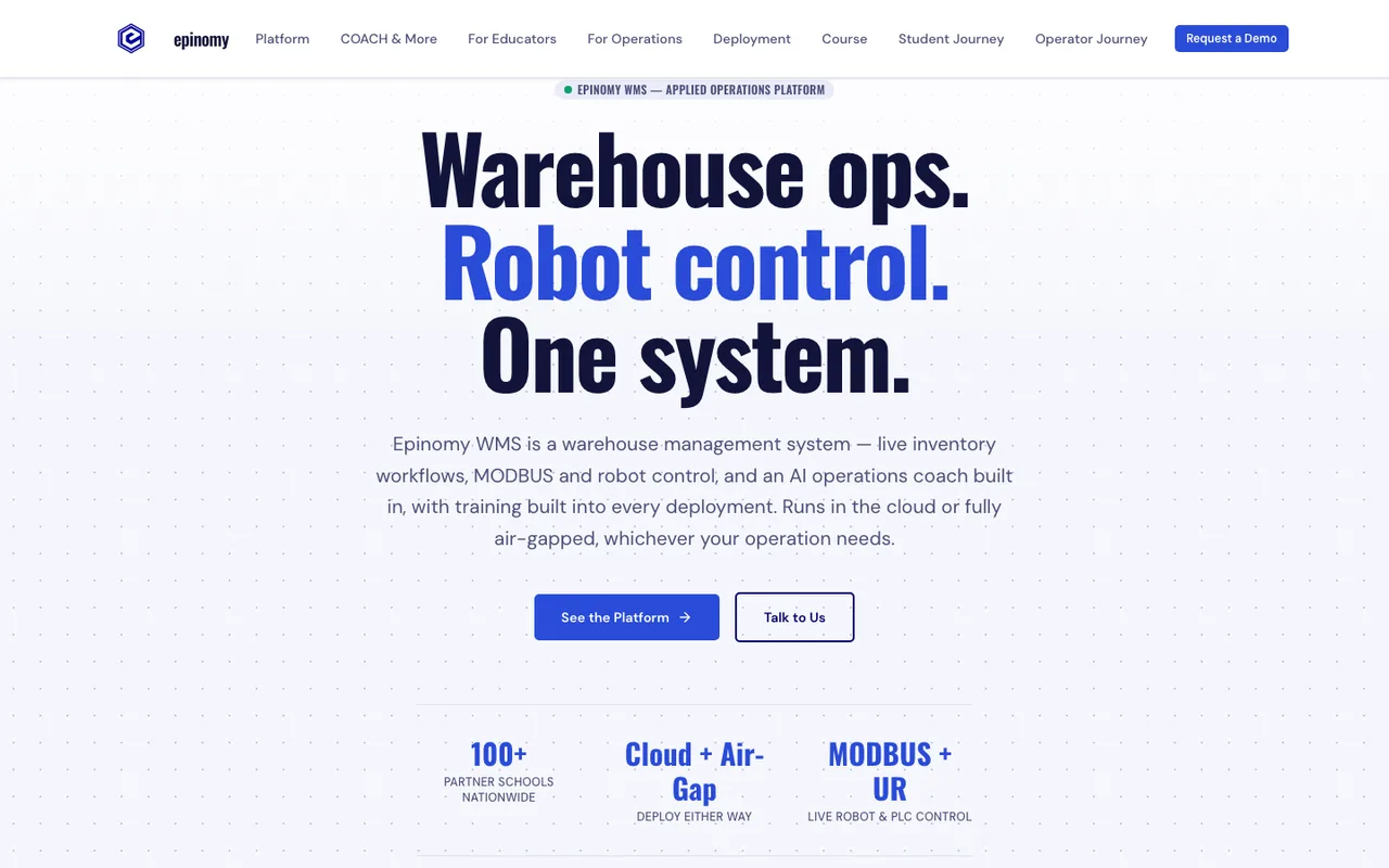 Epinomy WMS home page: Warehouse ops. Robot control. One system.