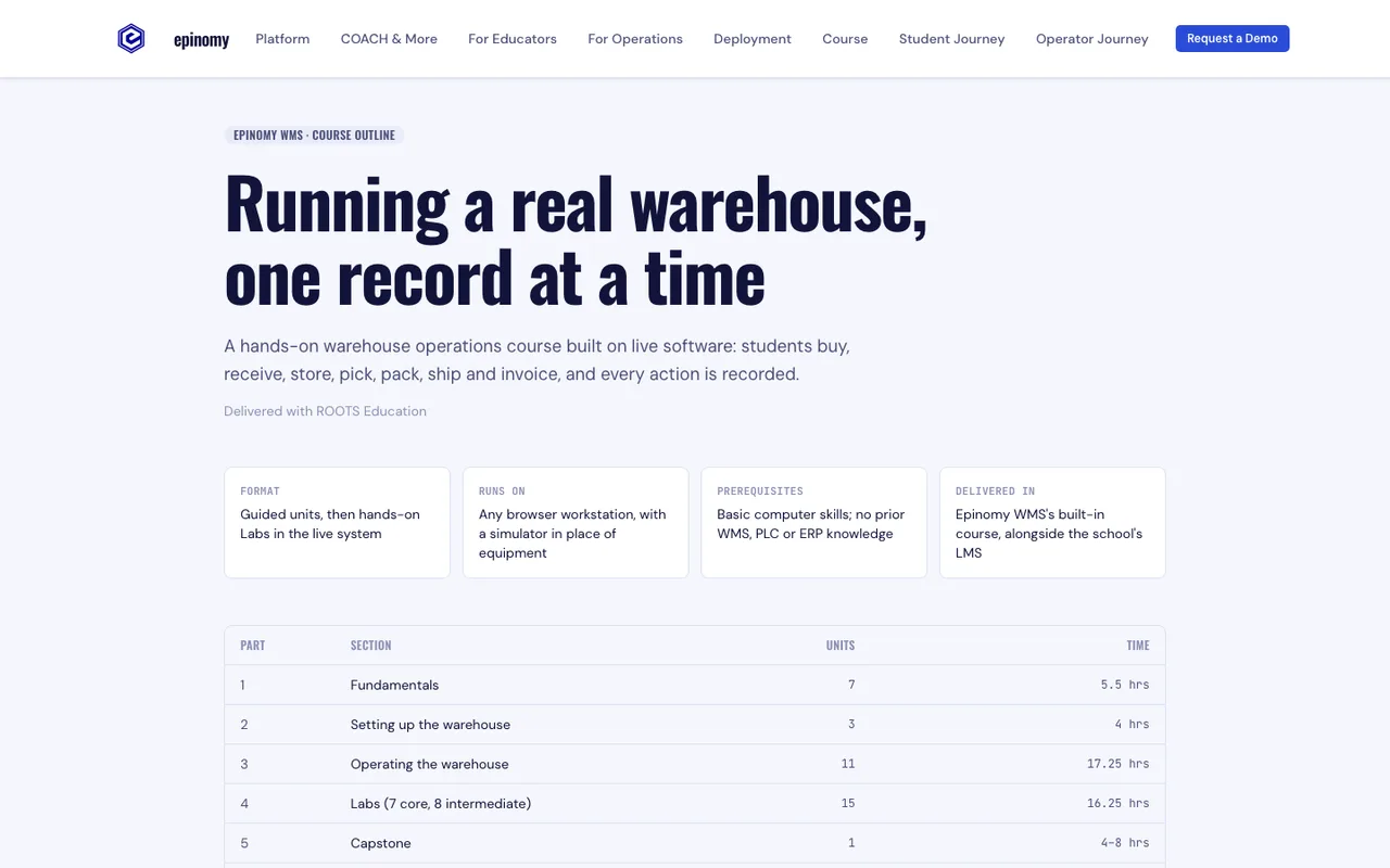 Epinomy WMS course page: Running a real warehouse, one record at a time