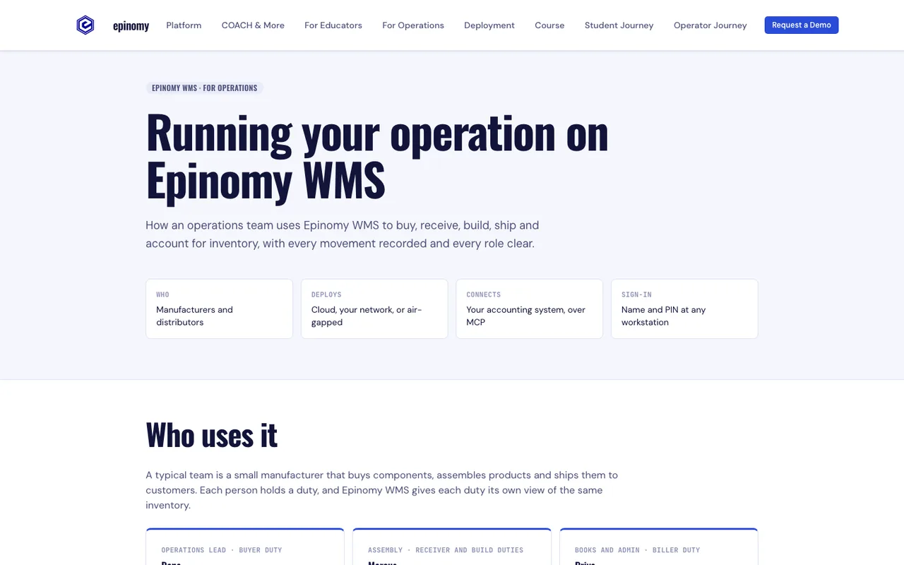 Epinomy WMS operator journey page